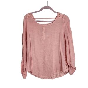 Mine Pale Pink Lace Back Roll Up Long Sleeve Scoop Neck Women's Top Size L